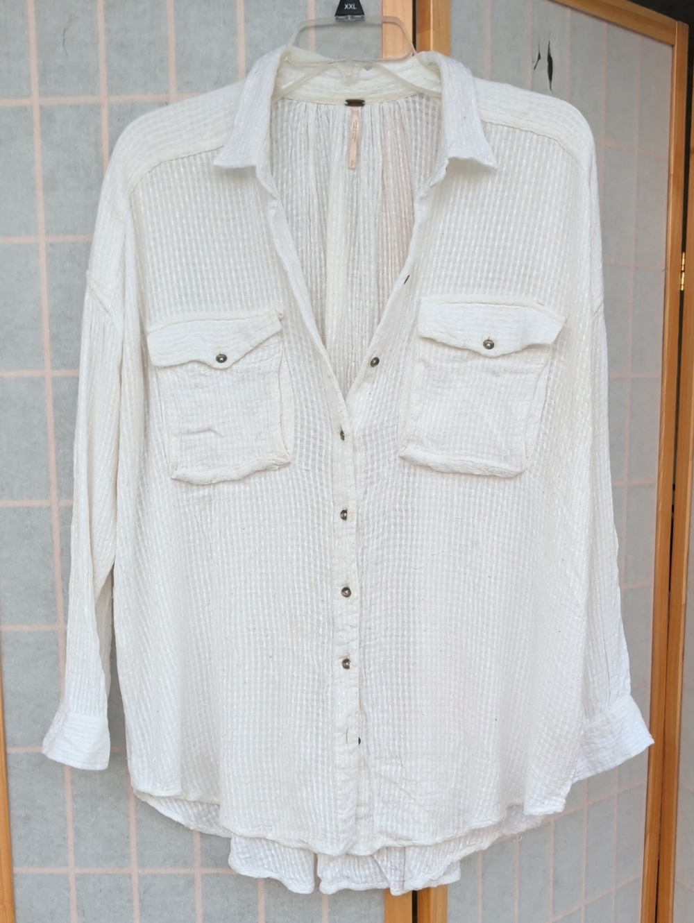 Free People Cream Textured Button-Down Gauze Shirt Oversized Cottage Core Beachy